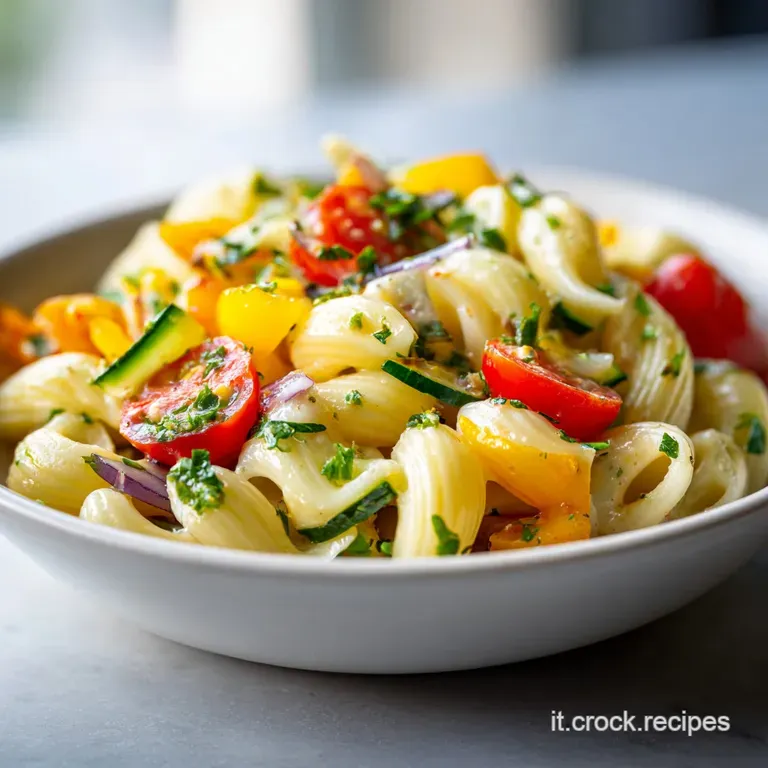 A generous scoop of chilled pasta salad, adorned with bright cherry tomatoes and a sprig of basil on a white plate.