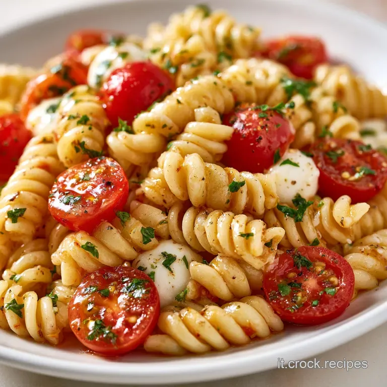 Piatto di ceramica bianca con pasta condita a colori vivaci, guarnita con foglie di basilico e un filo d'olio dorato.