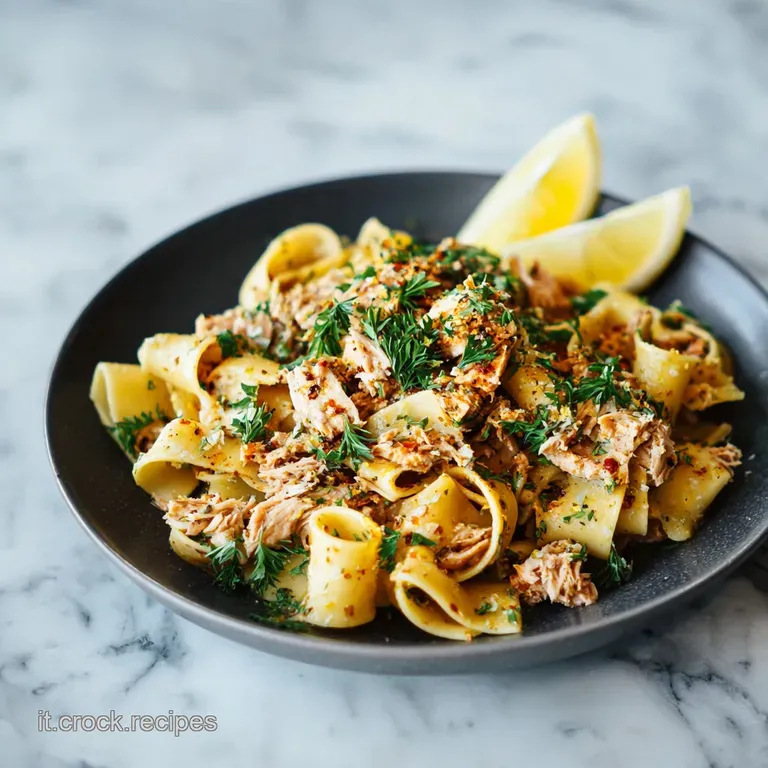 A swirl of chilled pasta entwined with flaky tuna, lemon slices, and fresh parsley on a bright white plate. Zesty and invi...