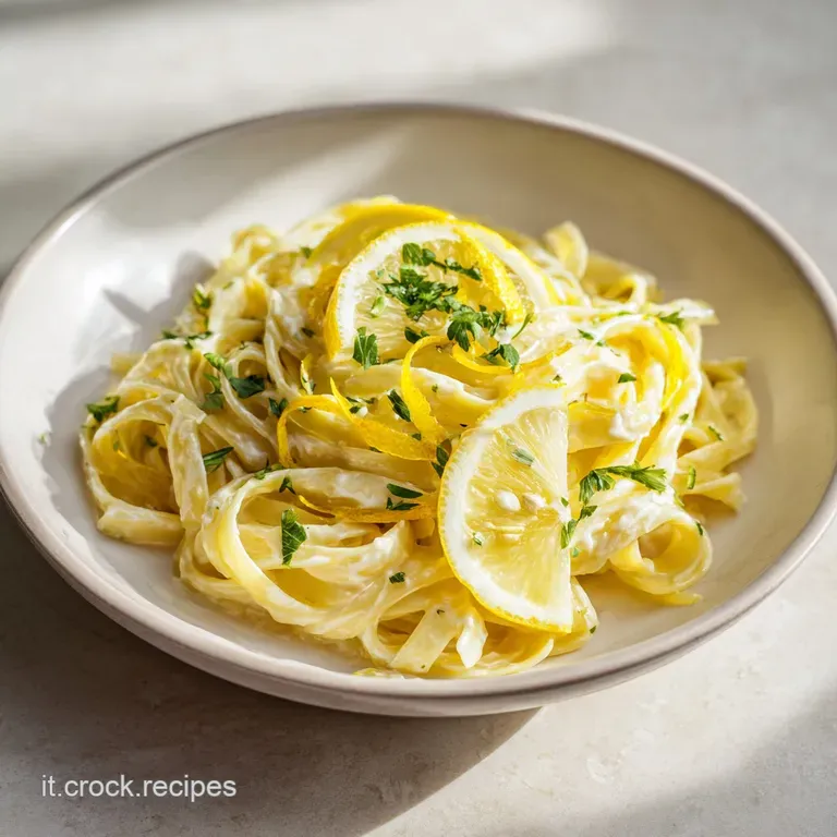 Elegant twirls of pasta glistening with a light sauce, plated with a delicate lemon wedge and a sprig of fresh basil.