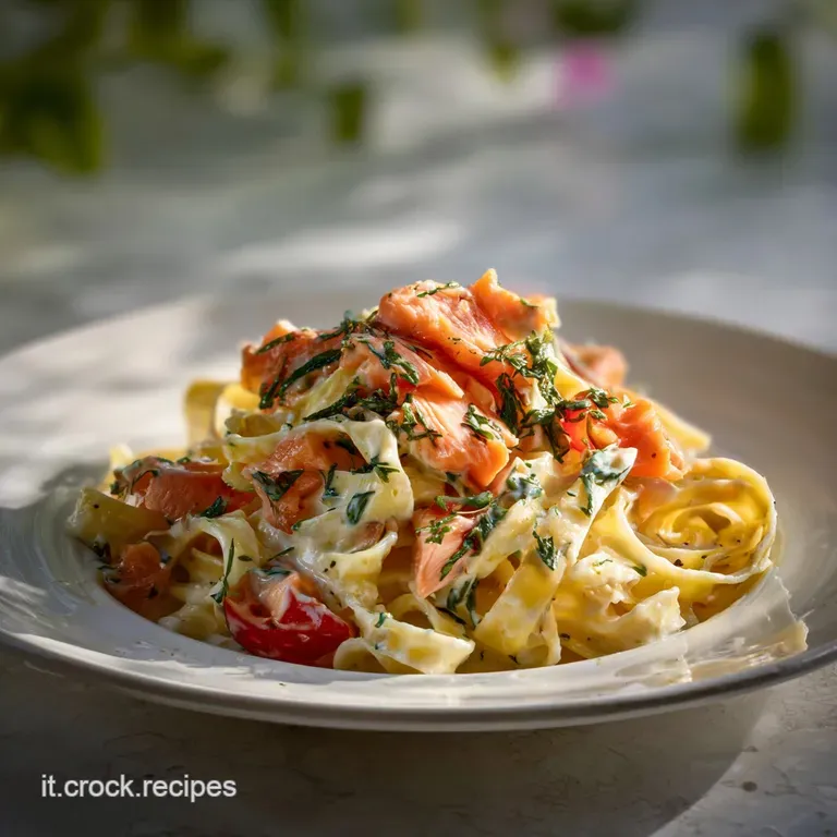 Elegant plate of pasta, salmon, and creamy sauce, garnished with parsley. Steaming and inviting, ready to be enjoyed.