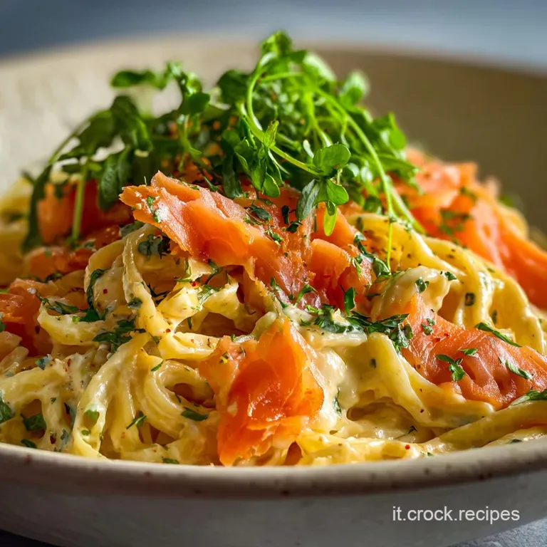 Elegant plate of pasta: tender strands coated in a rich sauce, layered with delicate smoked salmon ribbons and fresh green...