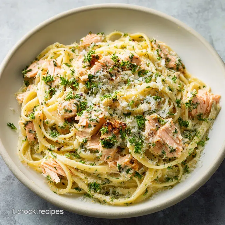 Elegant plate of salmon pasta, garnished with fresh dill, glistening with olive oil. A sprinkle of black pepper adds visua...