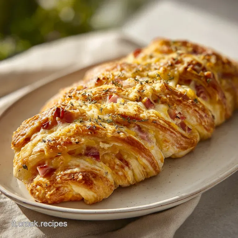 Elegant tower of savory puff pastry reveals delicate layers, lightly browned & glistening, accented by fresh rosemary sprigs.