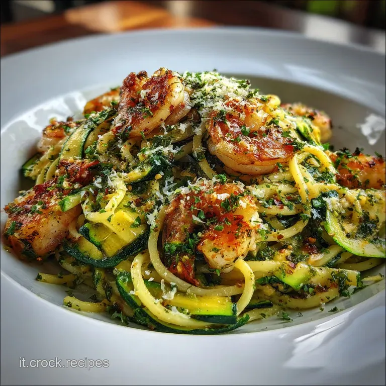 Elegant swirl of pasta topped with saut&eacute;ed shrimp and zucchini ribbons. Fresh herbs add a pop of vibrant green color.