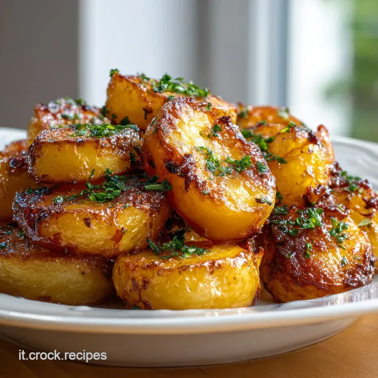Perfectly browned potato wedges artfully arranged on a white plate, garnished with fresh rosemary and a sprinkle of sea salt.