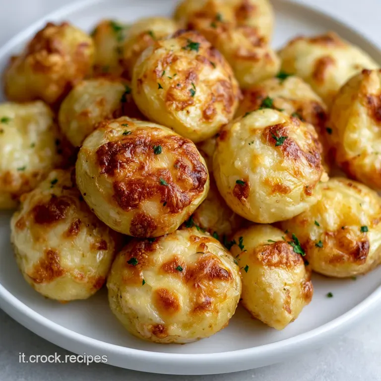Patate novelle arrosto disposte con cura, crosta di formaggio ambrata e guarnizione di erbe aromatiche su base chiara.