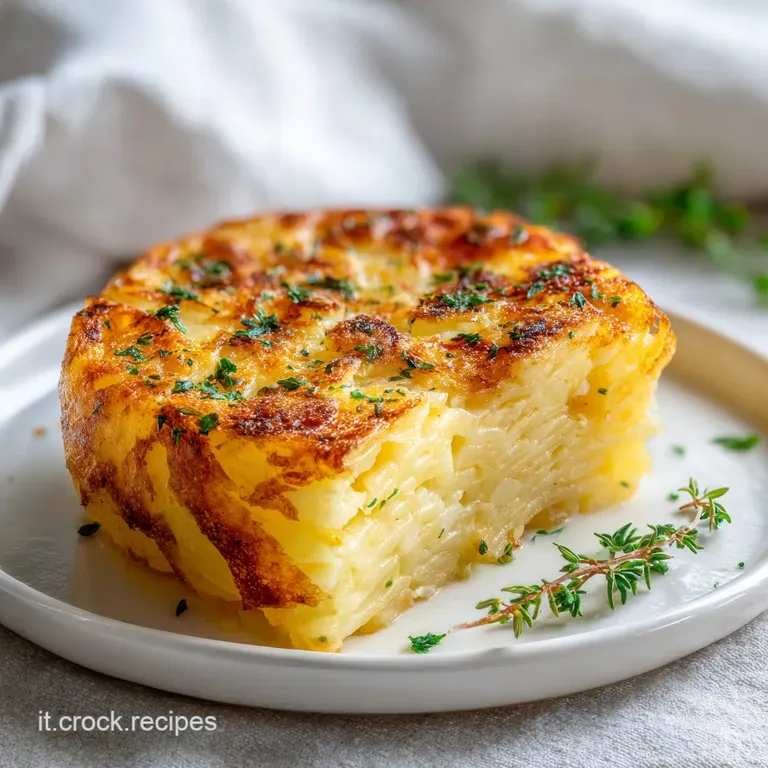 Slices of layered potato pav&eacute;, golden-brown edges, elegantly fanned on a white plate.