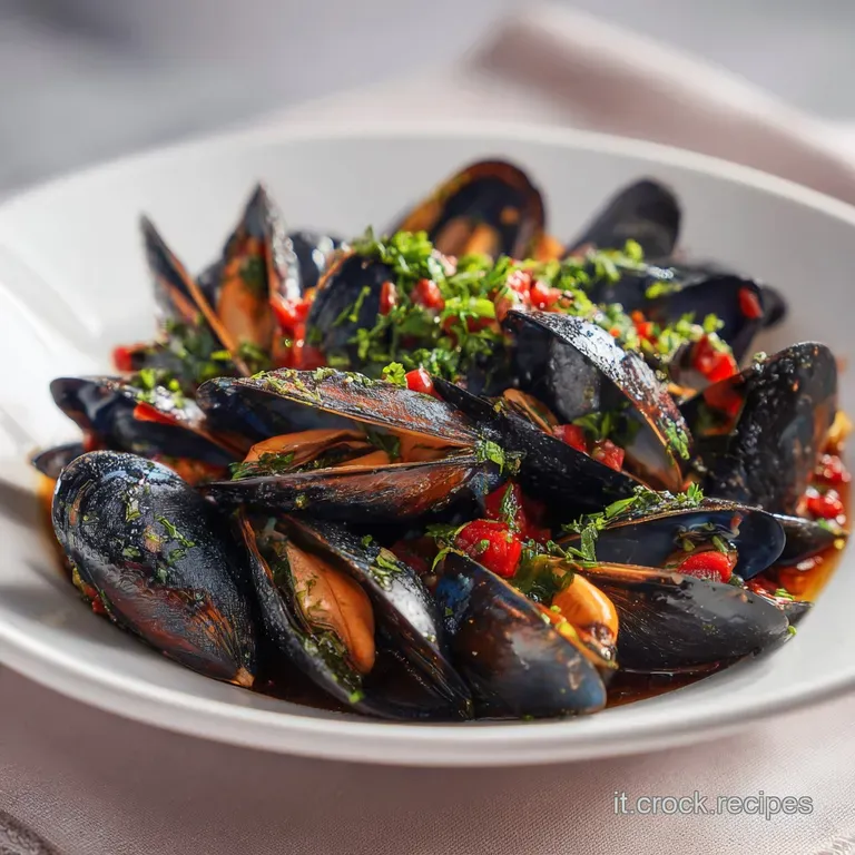 A vibrant bowl overflowing with glossy mussels, artfully arranged with fresh parsley and crusty bread.