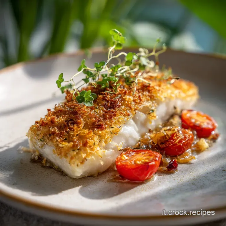 Flaky white fish with crispy topping served over vibrant green vegetables, drizzled with lemon. An elegant Italian seafood...