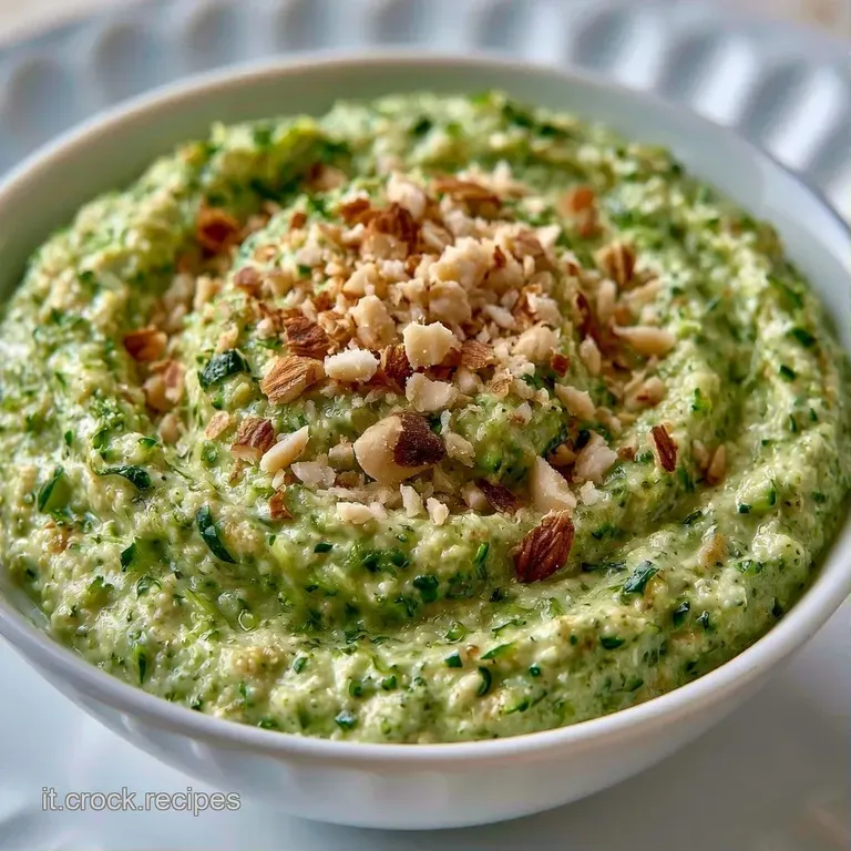 Una spirale di pesto di zucchine verde vivo su piatto bianco, decorata con granella di mandorle e un filo d'olio.