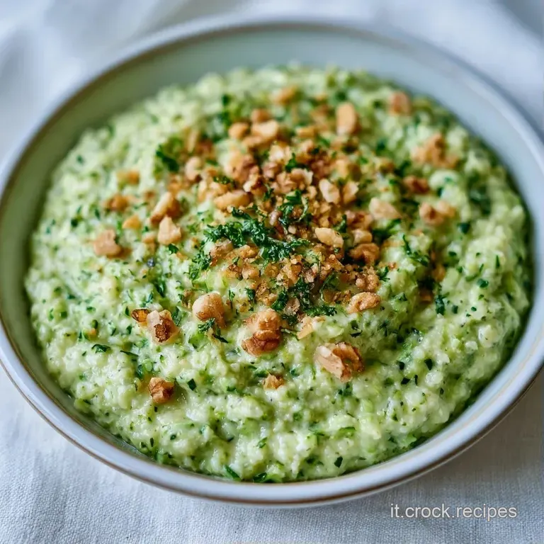 Elegante nido di pasta avvolto in crema verde smeraldo, guarnito con noci croccanti e un filo d'olio dorato.