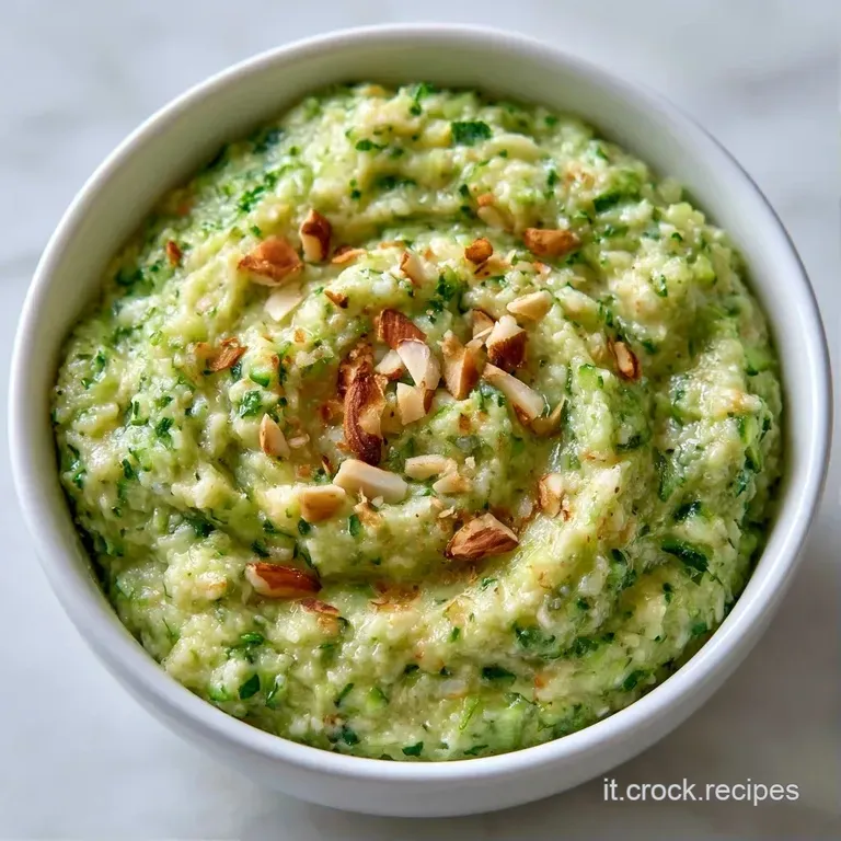 Crema densa verde chiaro disposta con cura su piatto bianco, guarnita con mandorle croccanti e foglie di basilico.