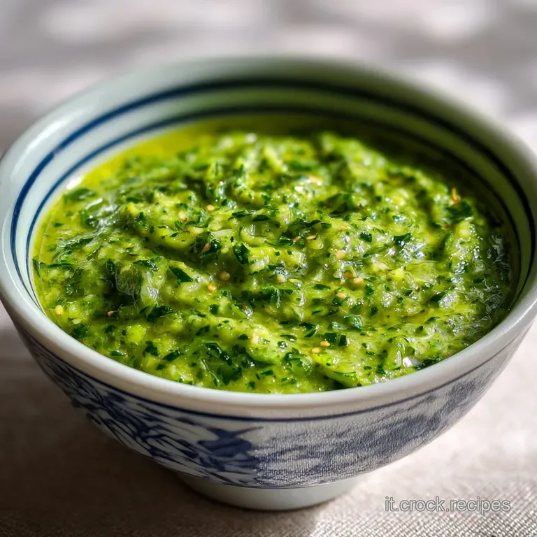 Emerald zucchini pesto delicately coats twirled pasta on a white plate, garnished with fresh basil and a drizzle of olive ...