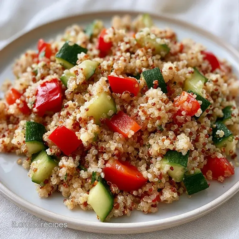 Quinoa soffice disposta con cura in un piatto bianco, guarnita con erbe verdi fresche e un filo d'olio lucido e dorato.