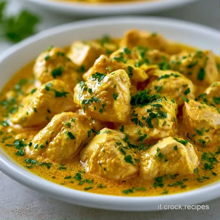 Pollo tenero avvolto in una salsa vellutata color ocra, servito in un piatto moderno con un tocco di coriandolo fresco.