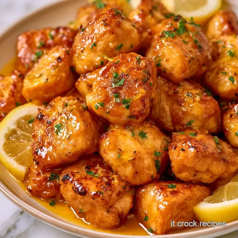 Bocconcini di pollo fritti disposti con cura, nappati da una salsa lucida e decorati con scorze di limone brillante.