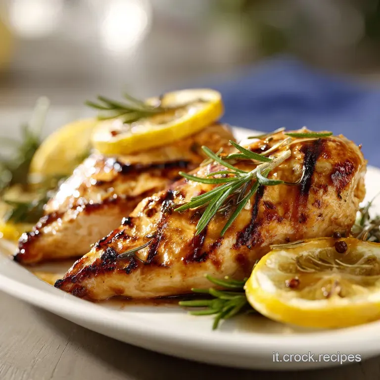 Filetti di pollo succosi avvolti in una salsa lucida, decorati con rosmarino verde e spicchi di limone fresco e giallo.