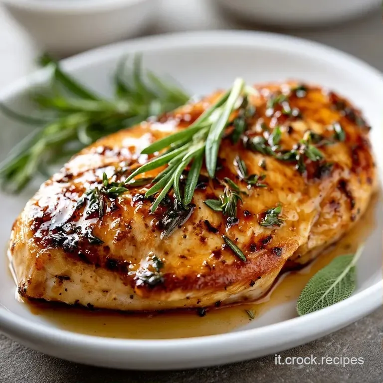 Pollo arrosto succoso adagiato su un letto di verdure colorate, decorato con rametti di rosmarino fresco e olio lucido.