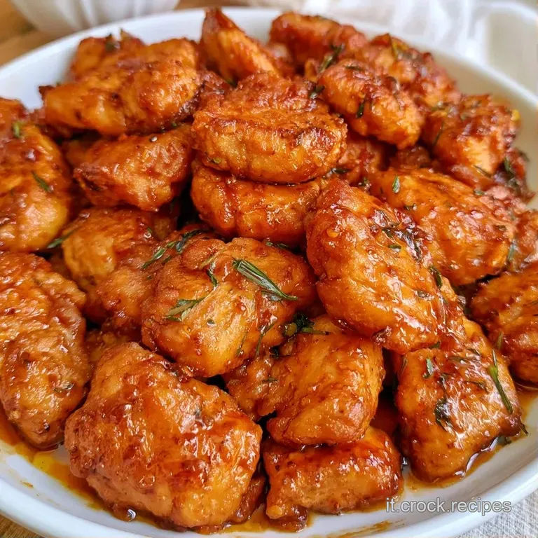 Pezzetti di pollo fritto color ambra disposti con cura, decorati con erba cipollina fresca su una ceramica scura.