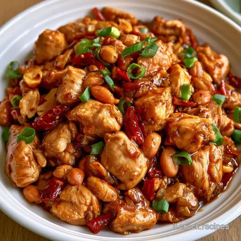 Pollo glassato disposto con cura in una ciotola scura, contrasto tra il rosso dei peperoncini e il verde del cipollotto.