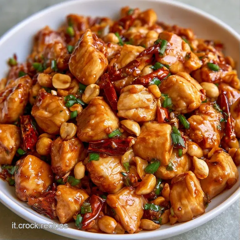 Piatto di ceramica bianca con pollo glassato, contrasto tra il rosso dei peperoncini e il verde fresco del cipollotto.