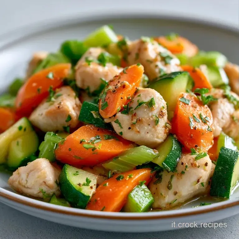 Pollo tenero adagiato su verdure colorate in un piatto bianco, rifinito con un rametto di prezzemolo fresco.