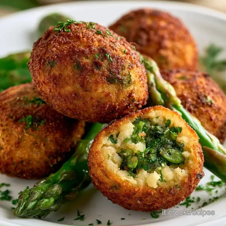 Polpette croccanti disposte con cura su un piatto moderno, con una goccia di salsa bianca e un rametto di prezzemolo.