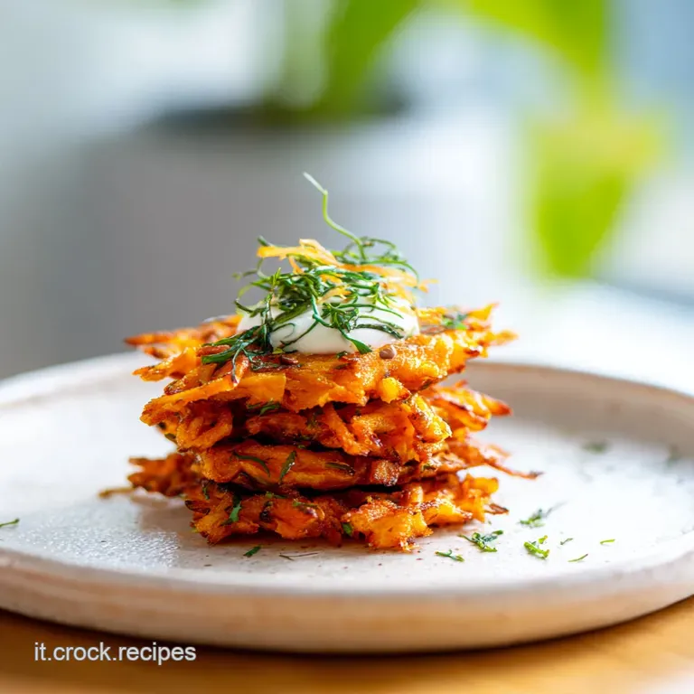 Arranged carrot fritters on a white plate, drizzled with a creamy sauce and garnished with fresh parsley.