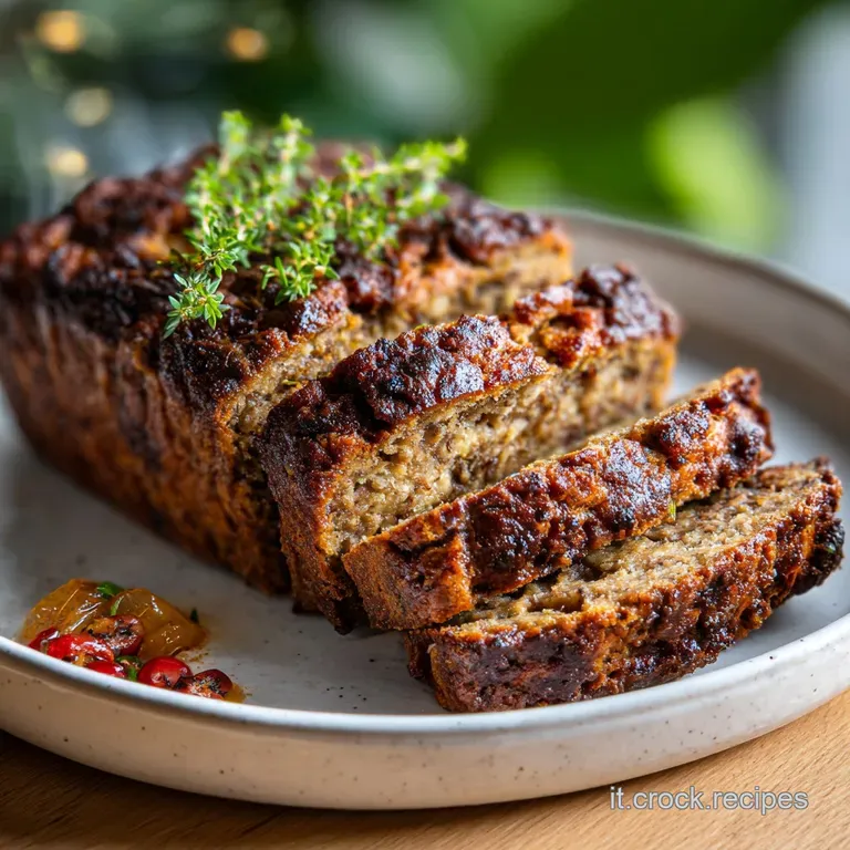 Slice of moist polpettone on a plate, drizzled with rich sauce. Garnished with fresh herbs, showcasing the tender texture....
