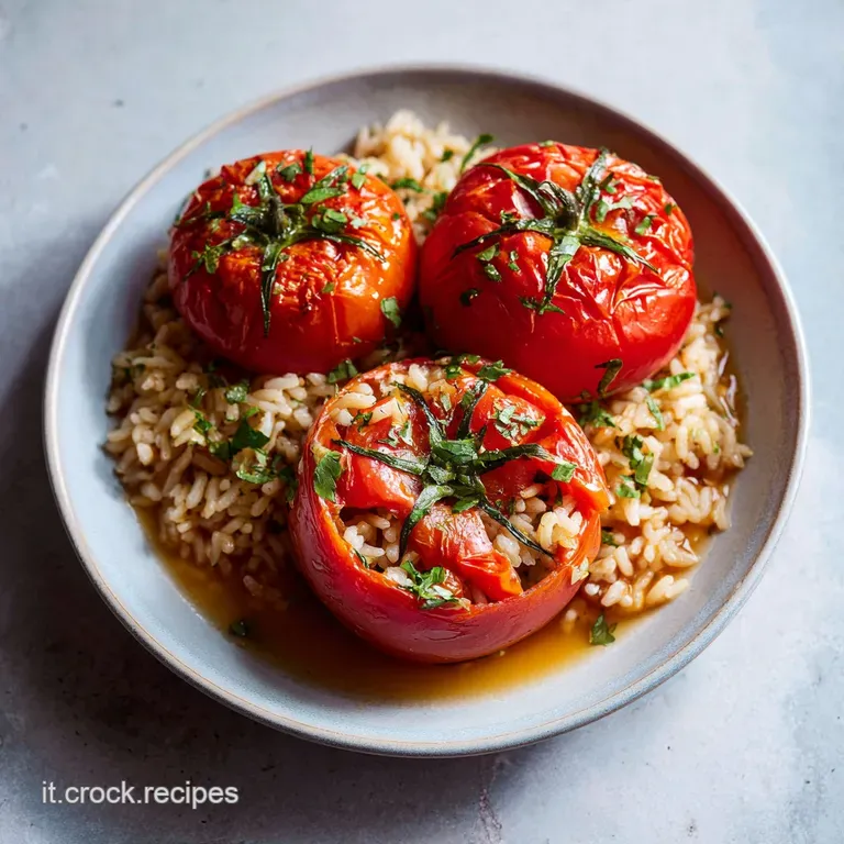 Tender, golden-brown stuffed tomatoes artfully arranged on a white plate, topped with fresh parsley.