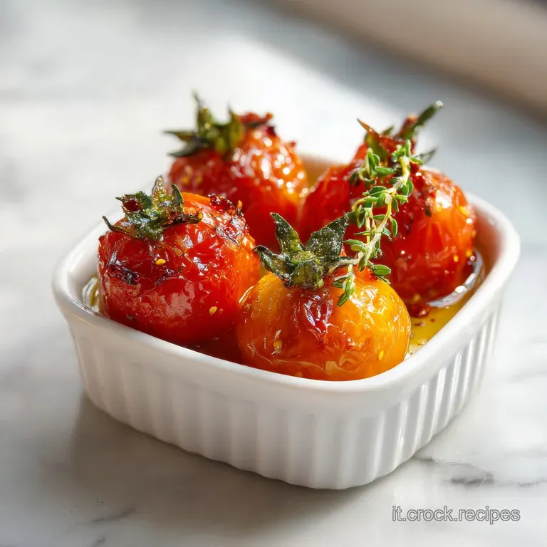 Glossy, ruby-red confit tomatoes artfully arranged on toasted bread, with a sprinkle of fresh herbs and a drizzle of olive...