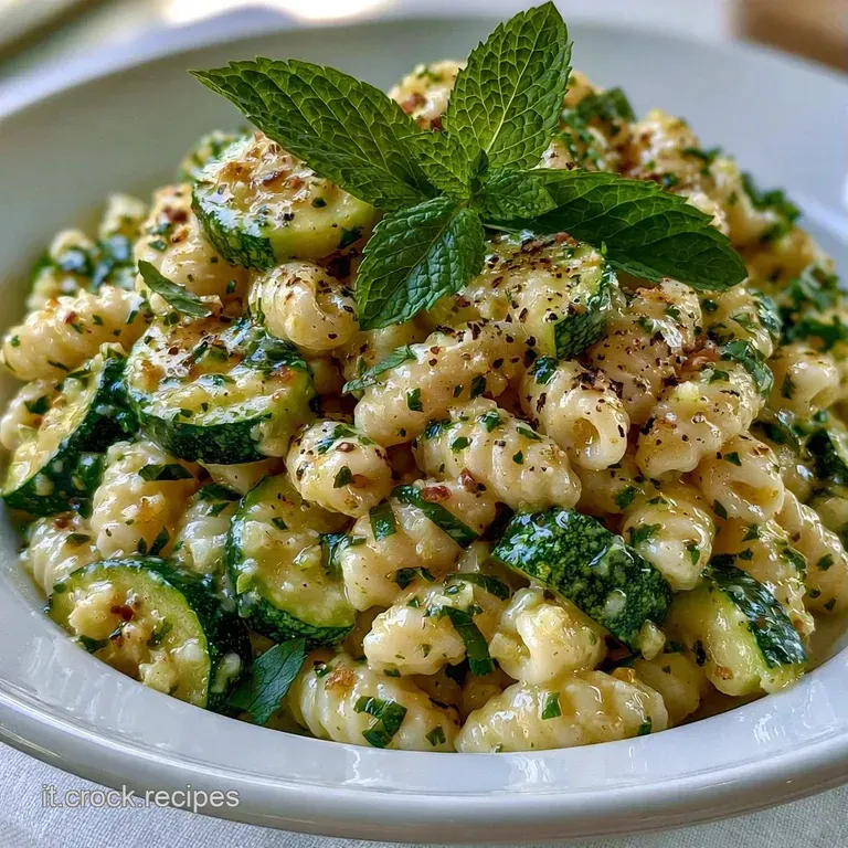 Piatto bianco con un nido di pasta, zucchine saltate dal colore vivace e menta fresca disposta con cura in cima.