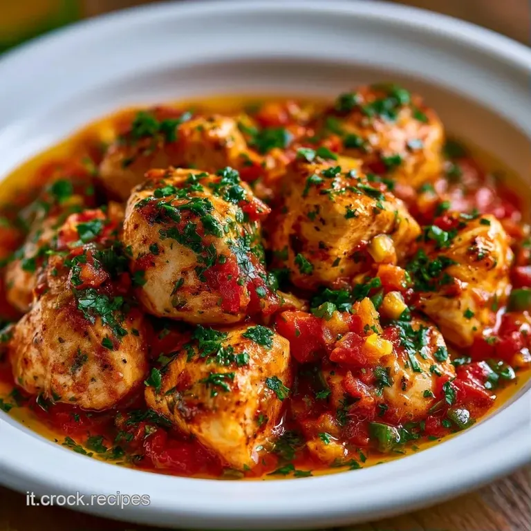 Pezzi di proteine succose adagiati su un piatto bianco, guarniti con prezzemolo fresco e una salsa densa e vellutata.