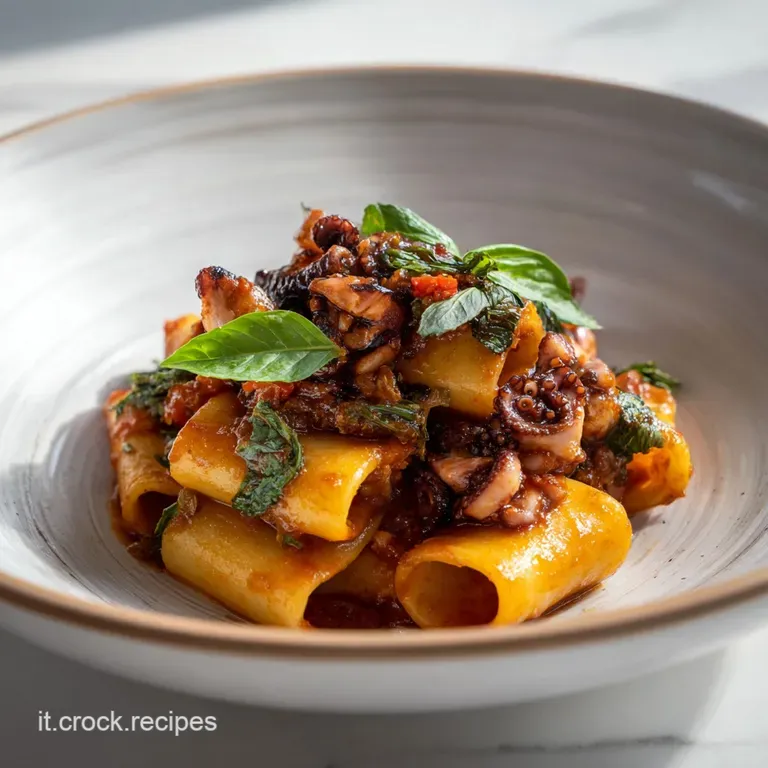 Elegant ceramic bowl overflowing with vibrant red octopus rag&ugrave;, topped with fresh parsley and a swirl of olive oil.