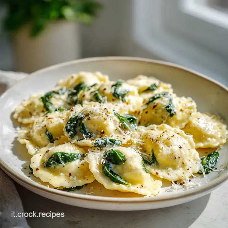 A delicate swirl of golden ravioli nestled in creamy sauce, artfully garnished with Parmesan.
