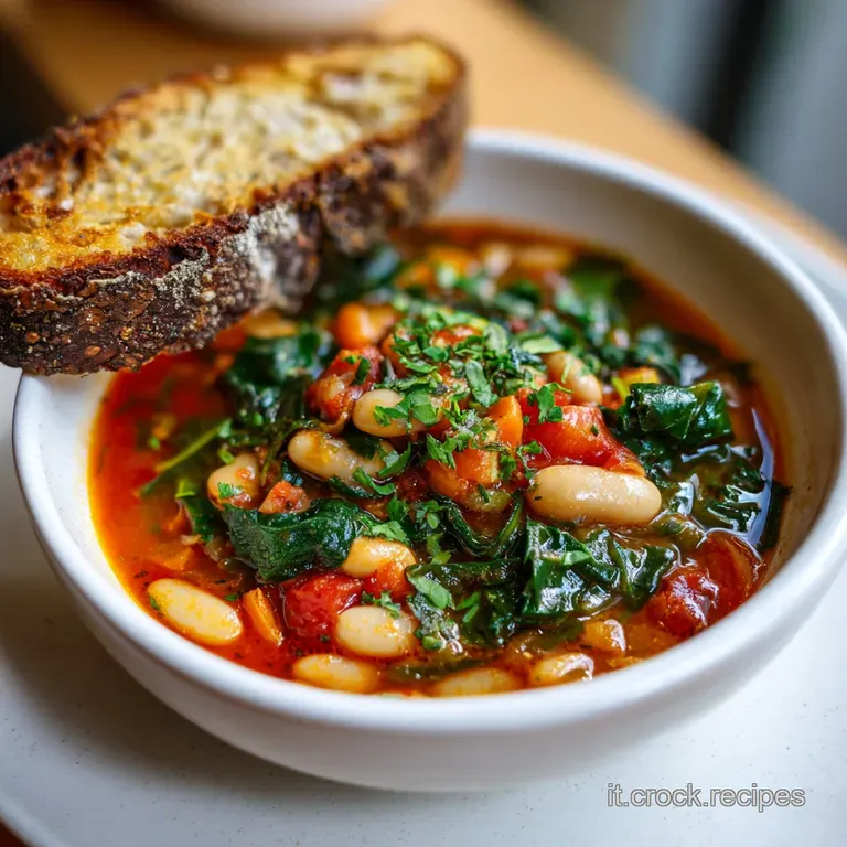 A vibrant bowl of ribollita with visible bread chunks, topped with fresh herbs, and drizzled with olive oil, served in a c...