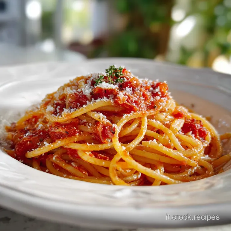 Elegant plate of Amatriciana, steam rising. Bright red sauce clings to pasta, flecked with black pepper and savory rendere...