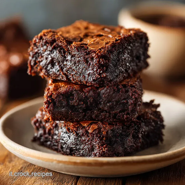 Glossy, intensely dark brownie square on a white plate, dusted with cocoa. Elegant simplicity highlighting the treat's ric...