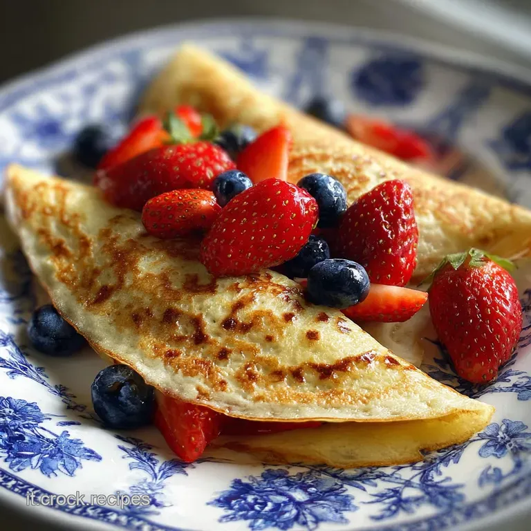Two delicate crepes, lightly browned, elegantly folded on a white plate, hinting at a light and airy texture, ready to be ...