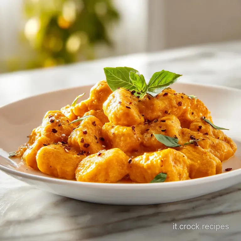 Elegant plate featuring tender pumpkin gnocchi glistening in a rich, creamy sauce, garnished with fresh sage leaves and a ...