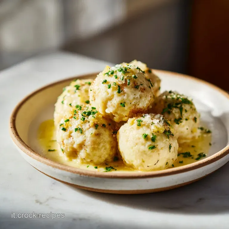 Neatly arranged bread dumplings bathed in light broth. The vibrant green parsley and earthy tones add a touch of elegance.
