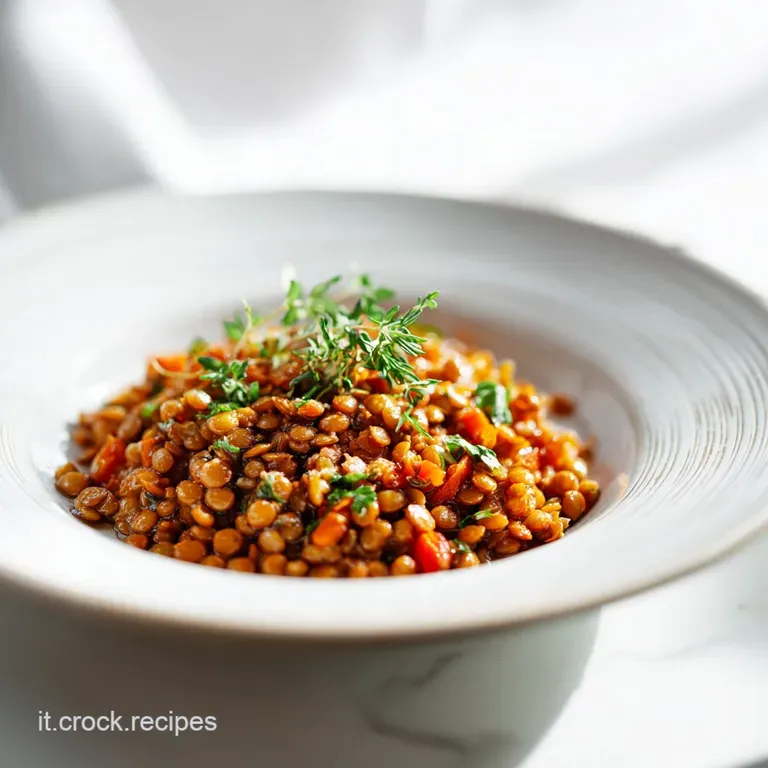 A beautifully plated pasta and lentil dish, showcasing rustic textures and colorful vegetables in a shallow white bowl, re...