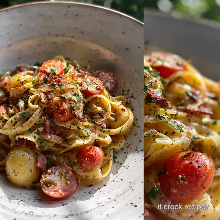 Elegant bowl of gluten-free pasta and potatoes, topped with fresh herbs and a drizzle of olive oil, highlighting creamy, c...