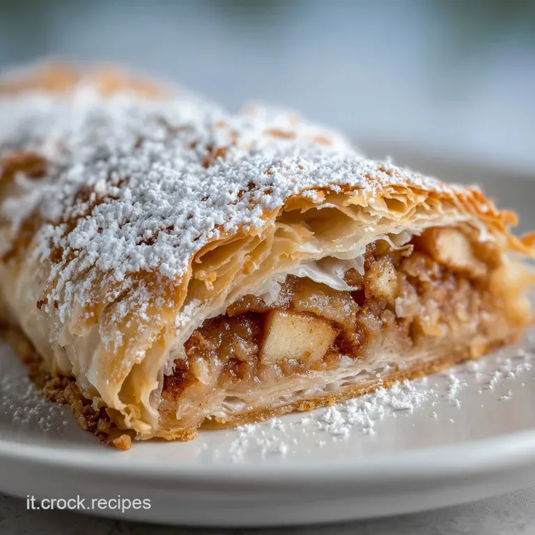 A slice of warm strudel with tender apples and a flaky crust is plated with vanilla ice cream. A sprinkle of cinnamon fini...