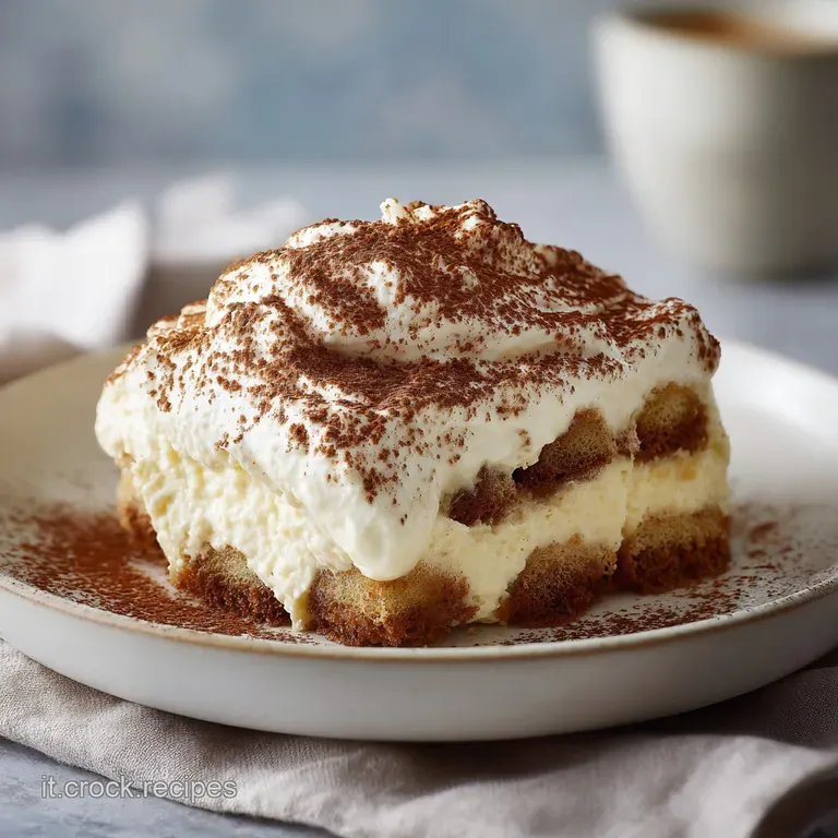 Elegant tiramisu slice on a white plate; espresso-soaked ladyfingers and whipped mascarpone create a rich, layered dessert.