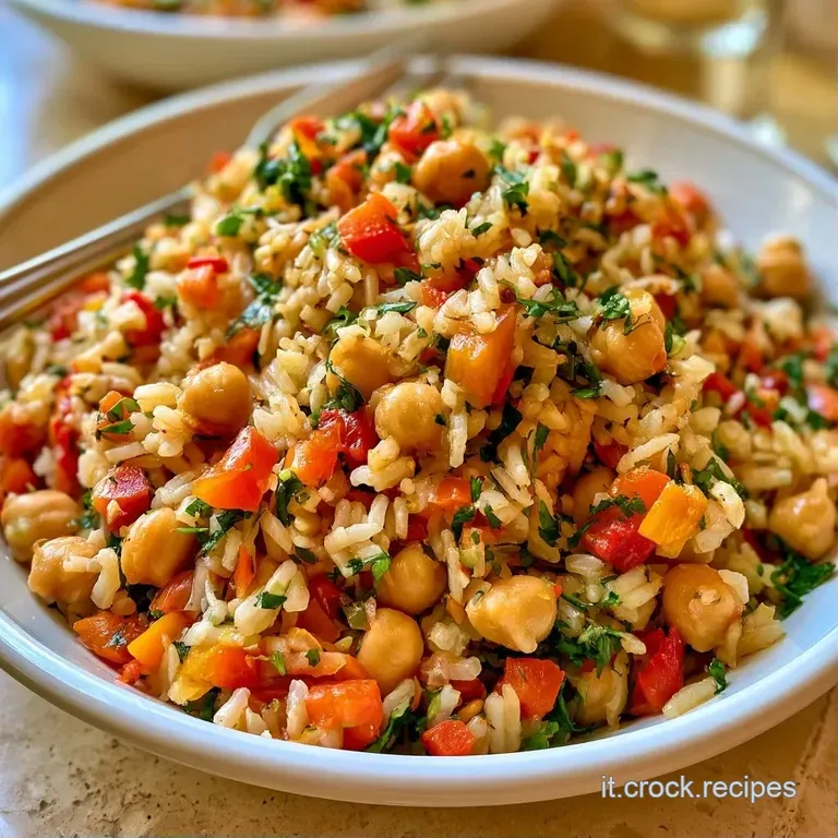 Composizione curata di riso sgranato e ceci morbidi in un piatto di ceramica, con erbe aromatiche verdi e toni caldi.