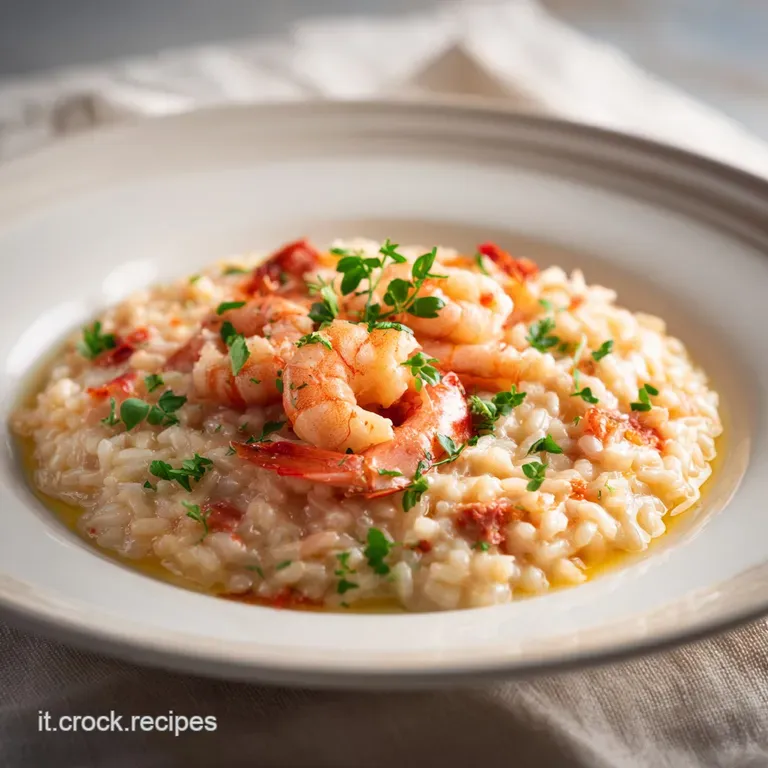 Elegant plate of creamy risotto featuring plump shrimp, a sprinkle of fresh herbs, and a shimmering pool of olive oil.