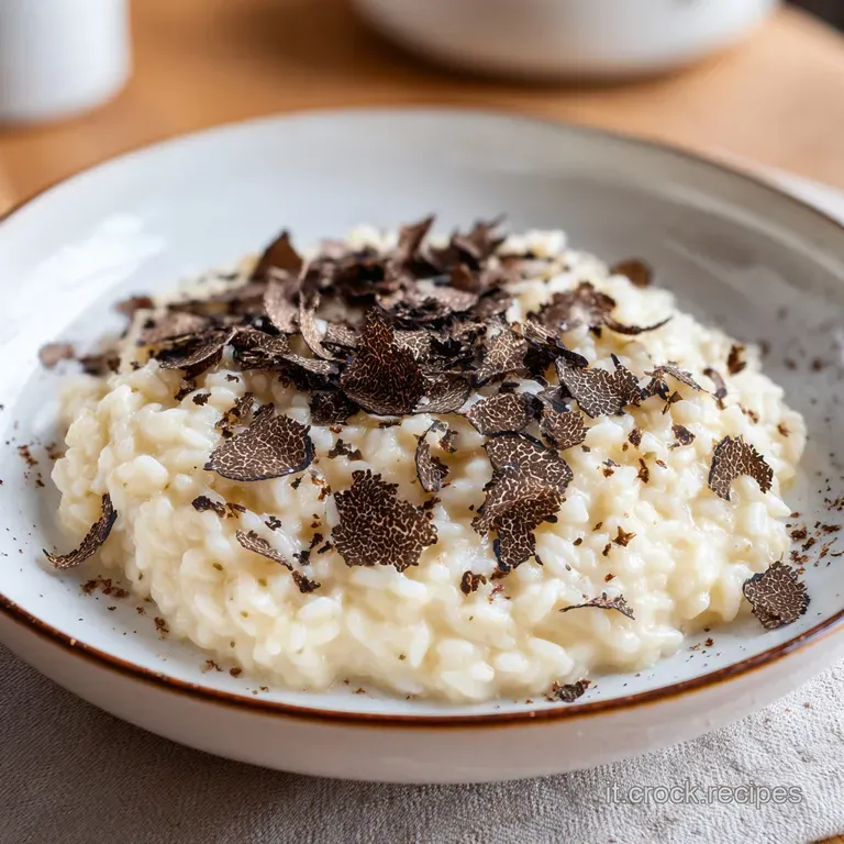 Elegantly plated creamy risotto with delicate black truffle slices and a touch of gold butter on a matte grey plate.
