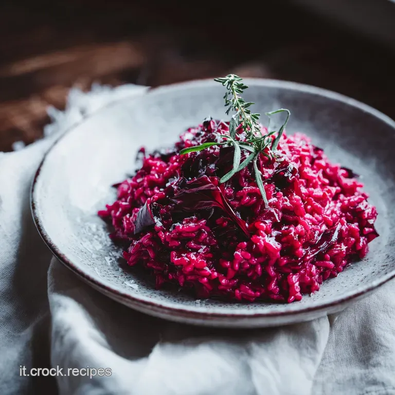 A swirl of vibrant radicchio risotto, topped with shaved cheese and a sprig of parsley.
